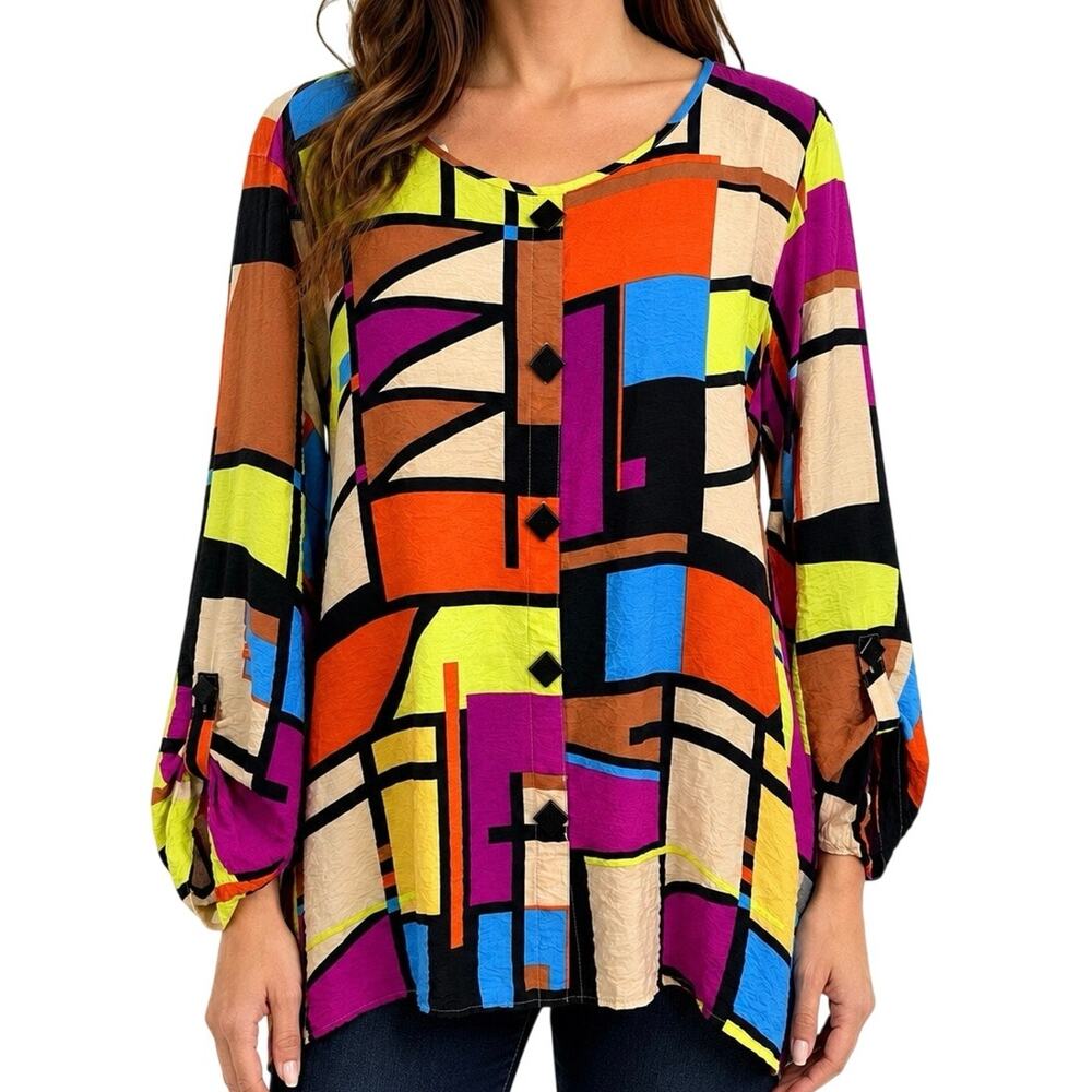 Ali Miles Plus Size 3X Wearable Art Geometric Colorful Blouse Shirt Top Unique